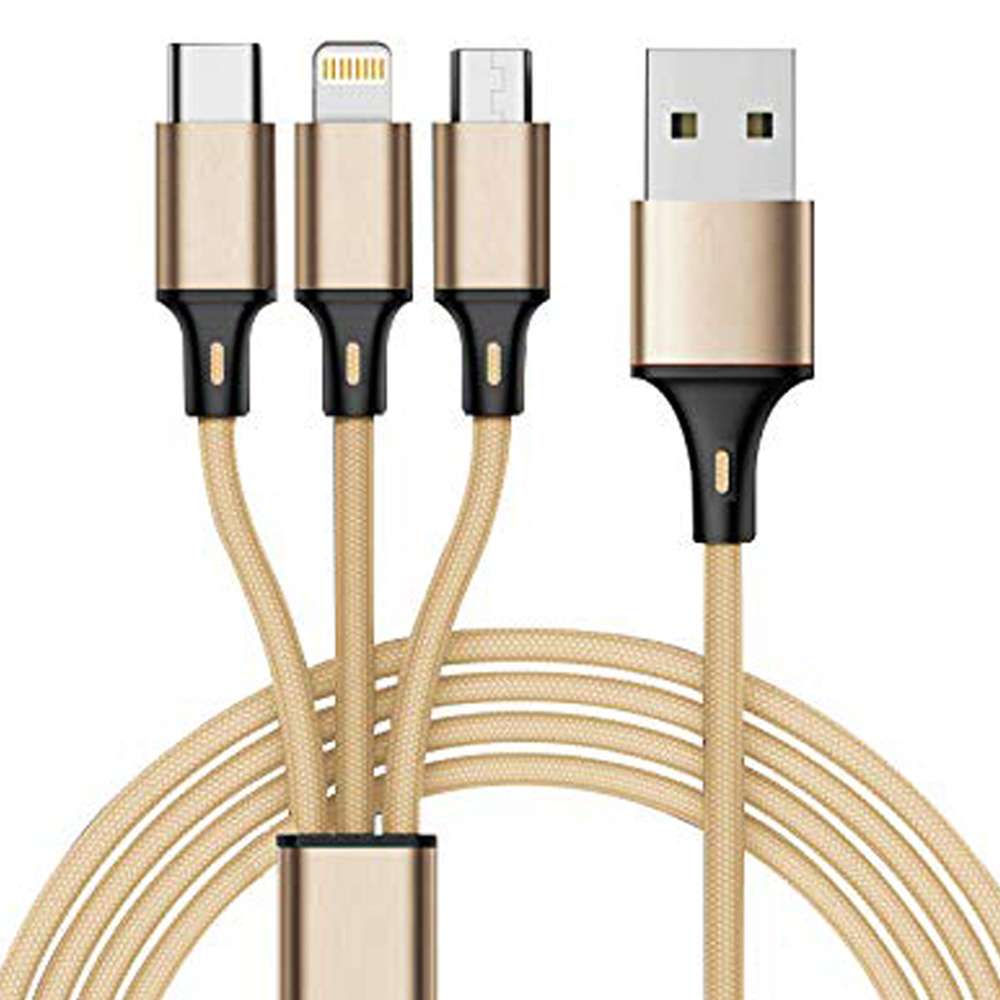 3-in-1 2.1A IOS Lightning / Type C / Micro V8V9 Strong Braided Aluminum USB Cable 4FT (Gold)